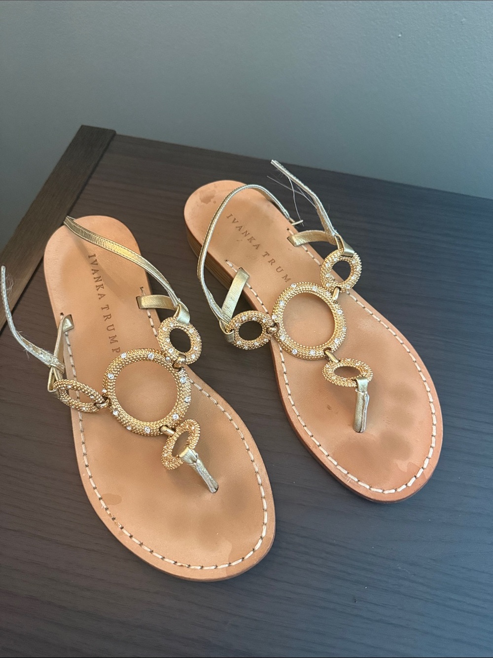 Ivanka Trump Gold Metallic Ring-Embellished Leather Thong Sandals